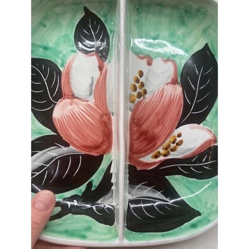 Divided Serving Dish Floral Pink Green Vintage From Italy Hand Painted Ceramic. - Picture 4 of 13